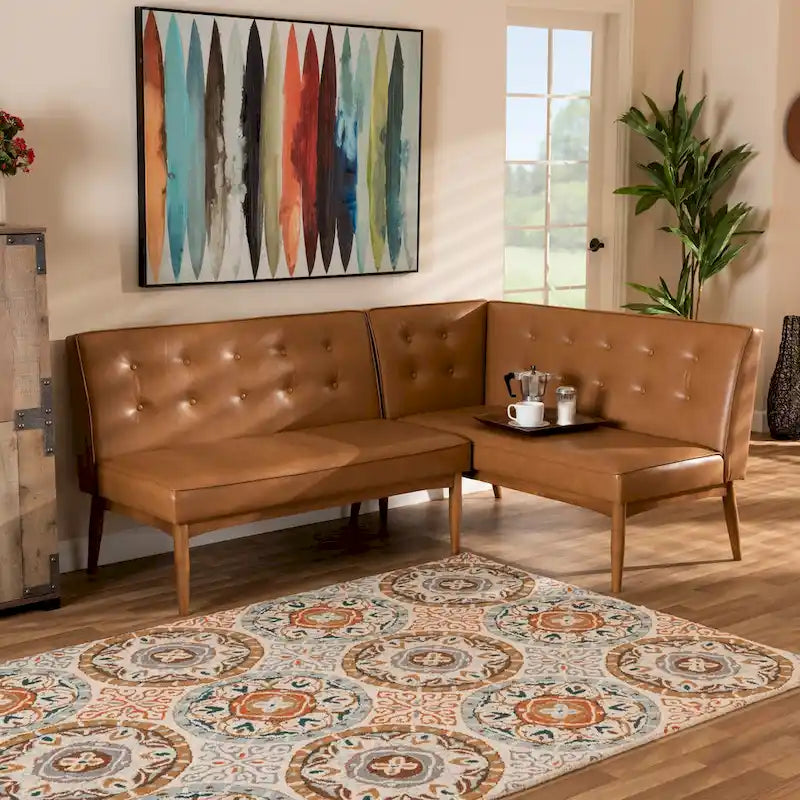 Arvid Tan Faux Leather and Walnut Wood 2-PC Dining Nook Banquette Set