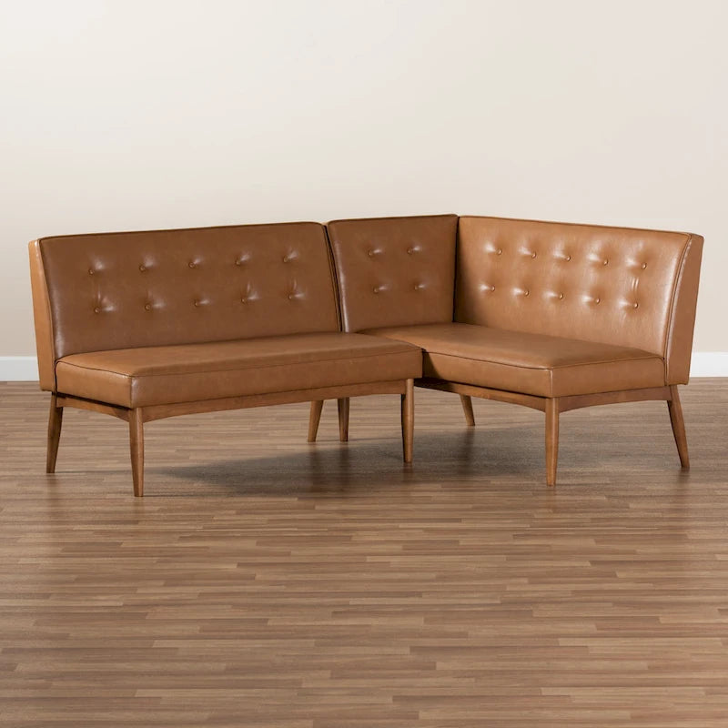 Banqueta esquinera de comedor de piel sintética y madera de nogal, 2 piezas