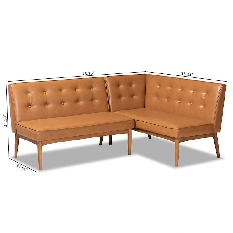 Banqueta esquinera de comedor de piel sintética y madera de nogal, 2 piezas