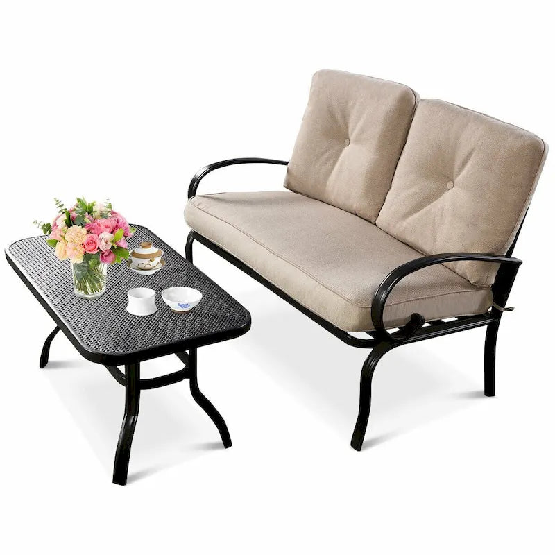 2 Piezas Sofá de Dos Plazas Mesa de Café Banco de Muebles para Patio - Ver Detalles