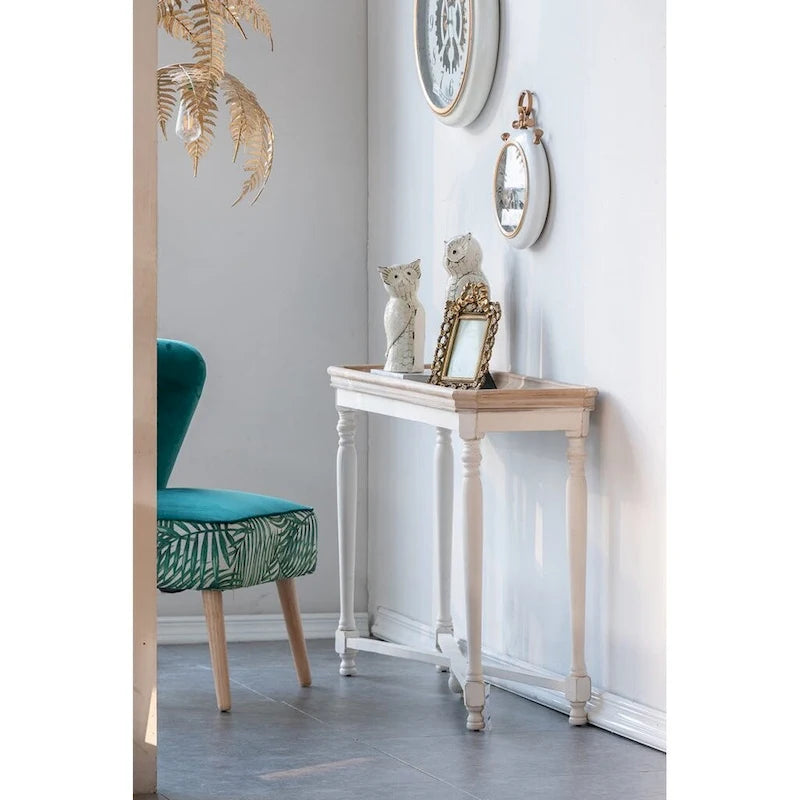Mesa auxiliar rectangular de 42 pulgadas, color café blanco, estilo informal y acabado envejecido