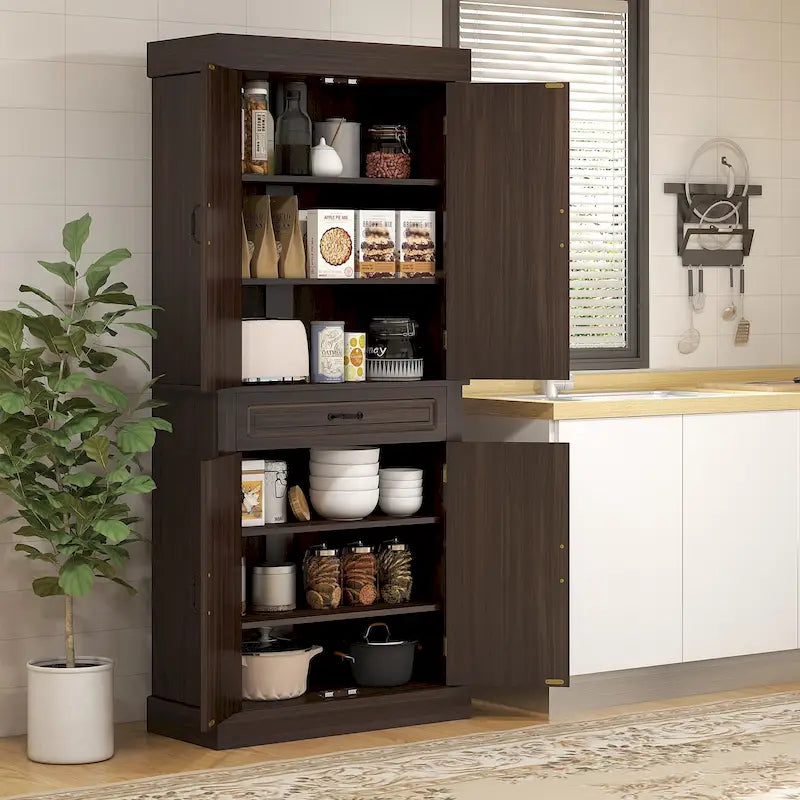 Alacena de cocina independiente de 71" con 4 puertas y 2 gabinetes grandes, gabinete alto de almacenamiento con cajón ancho para comedor