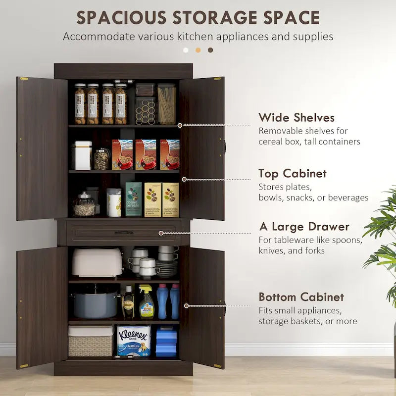 Alacena de cocina independiente de 71" con 4 puertas y 2 gabinetes grandes, gabinete alto de almacenamiento con cajón ancho para comedor