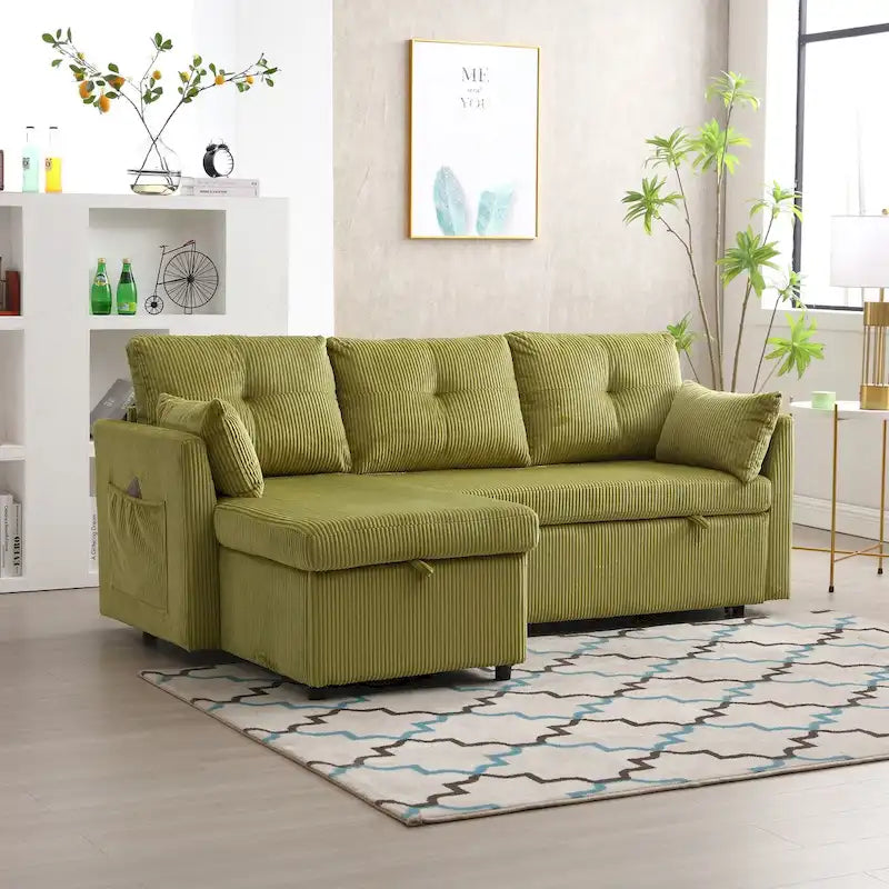 Sofá seccional modular en forma de L de pana con chaise de almacenamiento, Oliva