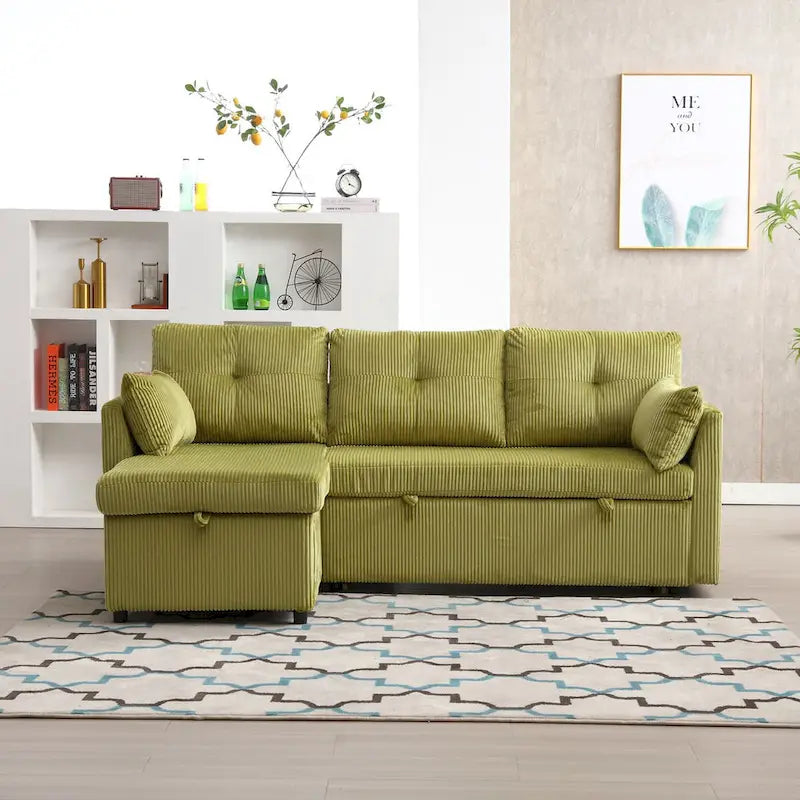Sofá seccional modular en forma de L de pana con chaise de almacenamiento, Oliva