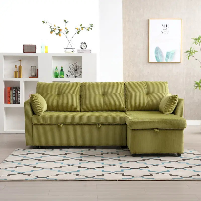 Sofá seccional modular en forma de L de pana con chaise de almacenamiento, Oliva