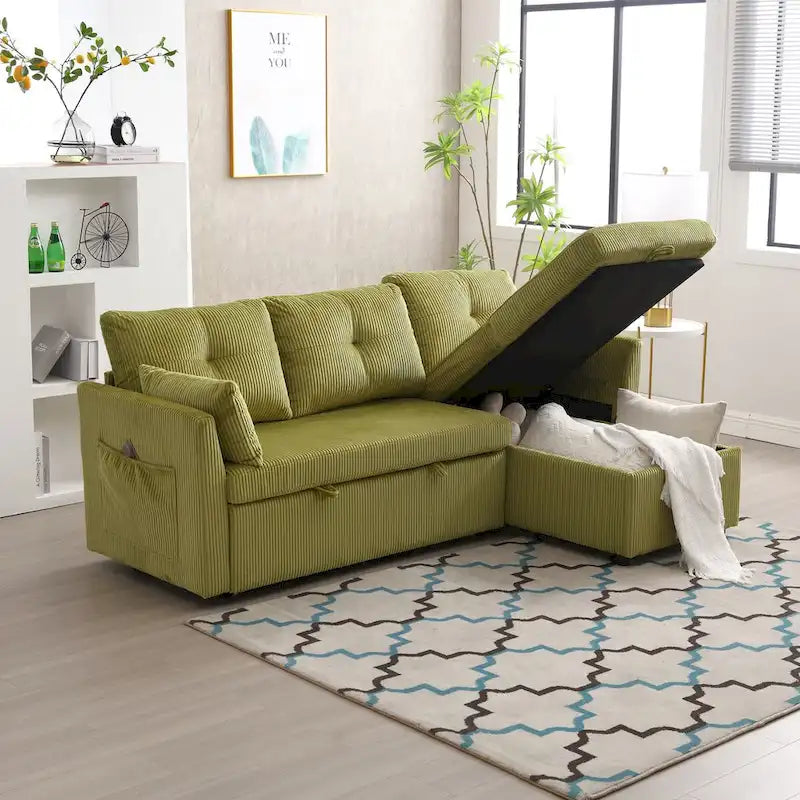 Sofá seccional modular en forma de L de pana con chaise de almacenamiento, Oliva