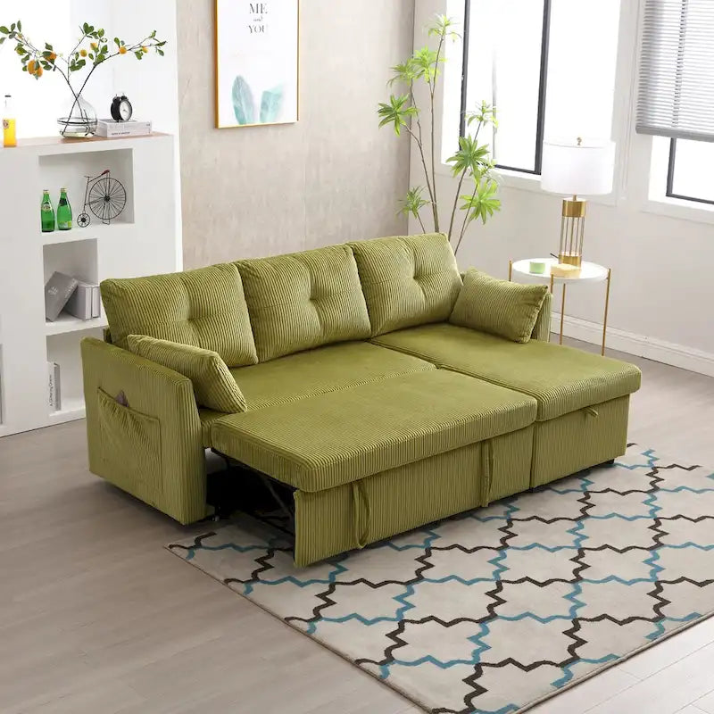 Sofá seccional modular en forma de L de pana con chaise de almacenamiento, Oliva