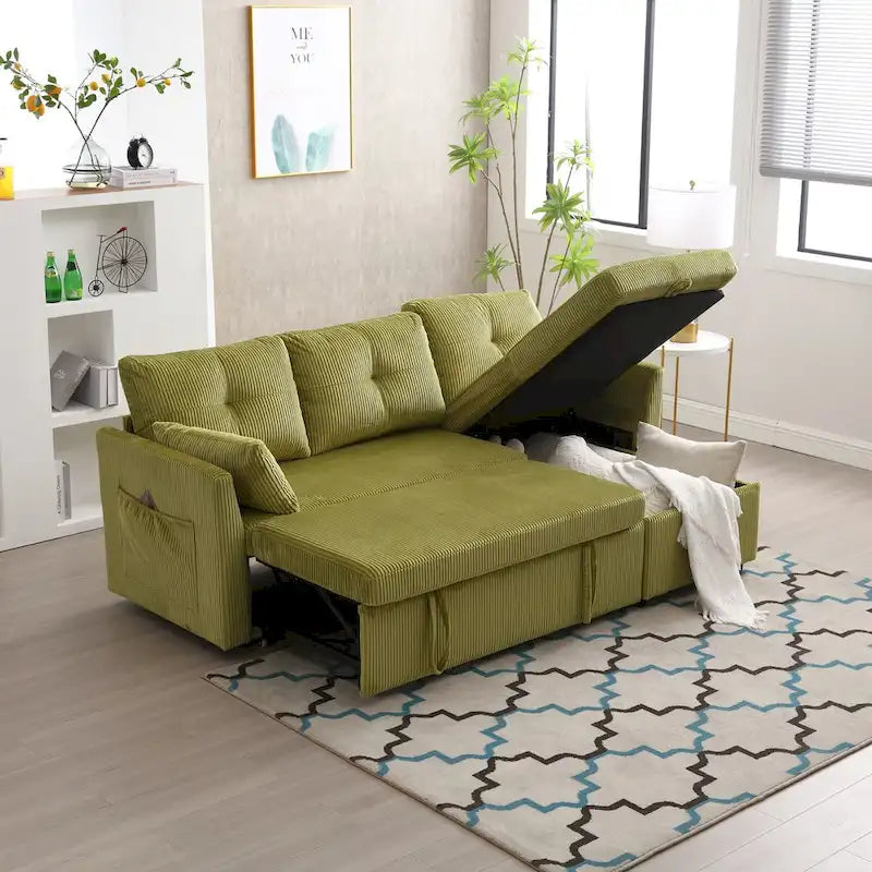 Sofá seccional modular en forma de L de pana con chaise de almacenamiento, Oliva