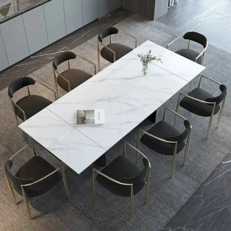 Mesa de comedor moderna minimalista extensible de 240 cm con tapa de piedra sinterizada y doble pedestal