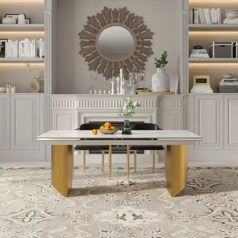 Mesa de comedor moderna minimalista extensible de 240 cm con tapa de piedra sinterizada y doble pedestal