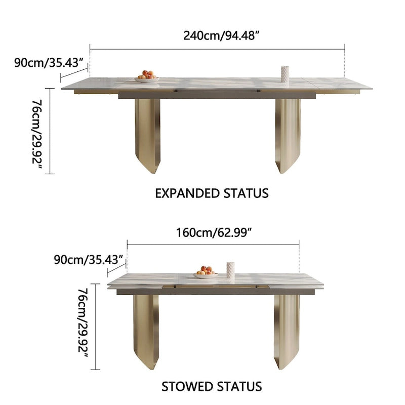 Mesa de comedor moderna minimalista extensible de 240 cm con tapa de piedra sinterizada y doble pedestal