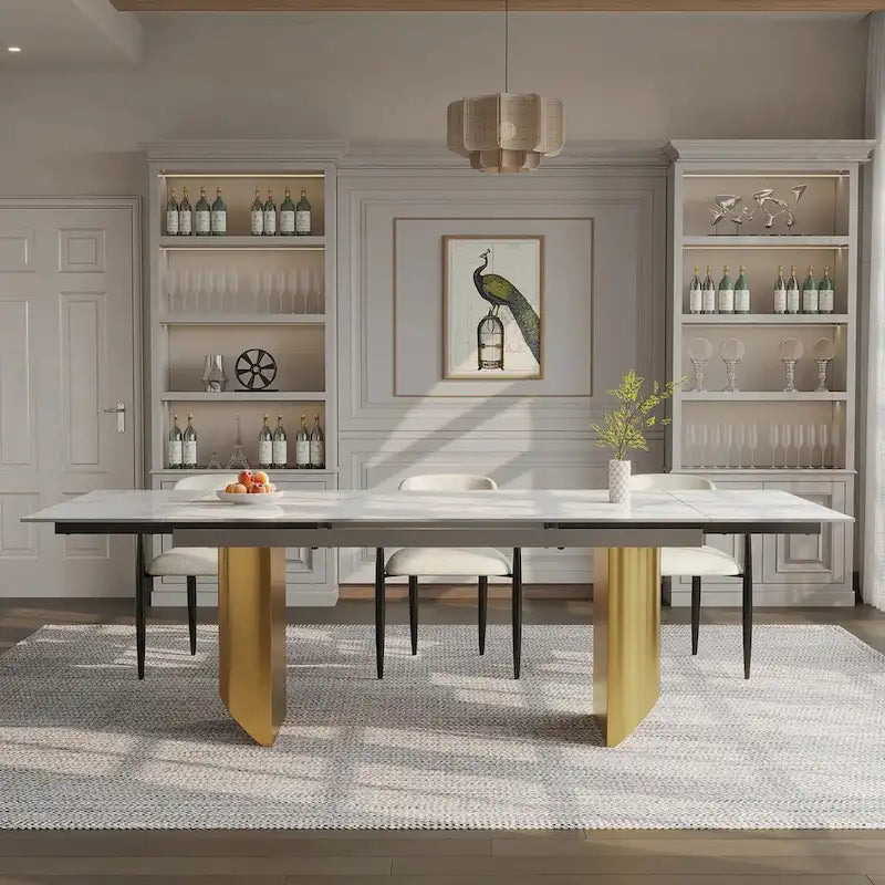 Mesa de comedor moderna minimalista extensible de 240 cm con tapa de piedra sinterizada y doble pedestal