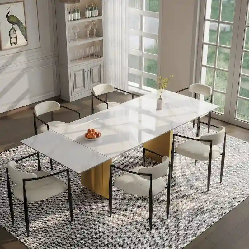 Mesa de comedor moderna minimalista extensible de 240 cm con tapa de piedra sinterizada y doble pedestal