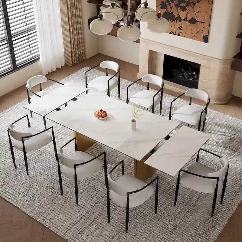 Mesa de comedor moderna minimalista extensible de 240 cm con tapa de piedra sinterizada y doble pedestal