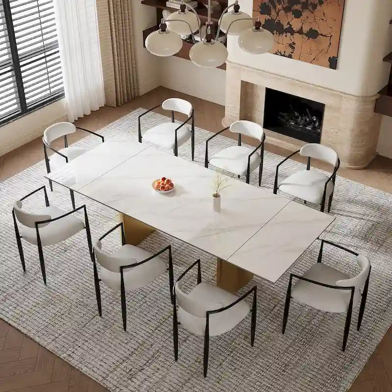 Mesa de comedor moderna minimalista extensible de 240 cm con tapa de piedra sinterizada y doble pedestal