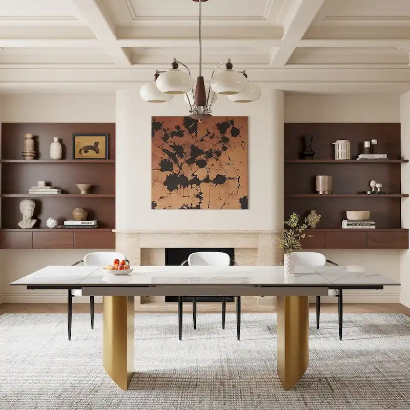 Mesa de comedor moderna minimalista extensible de 240 cm con tapa de piedra sinterizada y doble pedestal