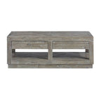 Mesa de centro con dos cajones y estante inferior con base aplanada, Gris Latte Rústico