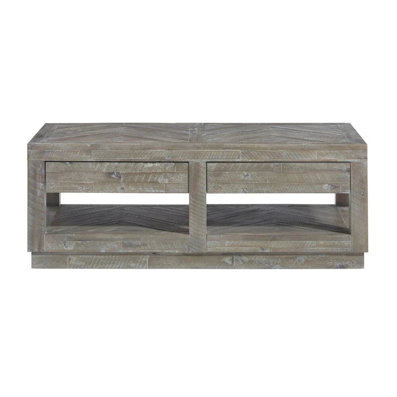 Mesa de centro con dos cajones y estante inferior con base aplanada, Gris Latte Rústico