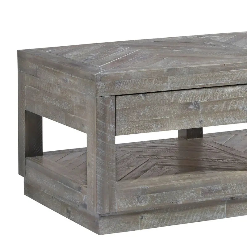 Mesa de centro con dos cajones y estante inferior con base aplanada, Gris Latte Rústico