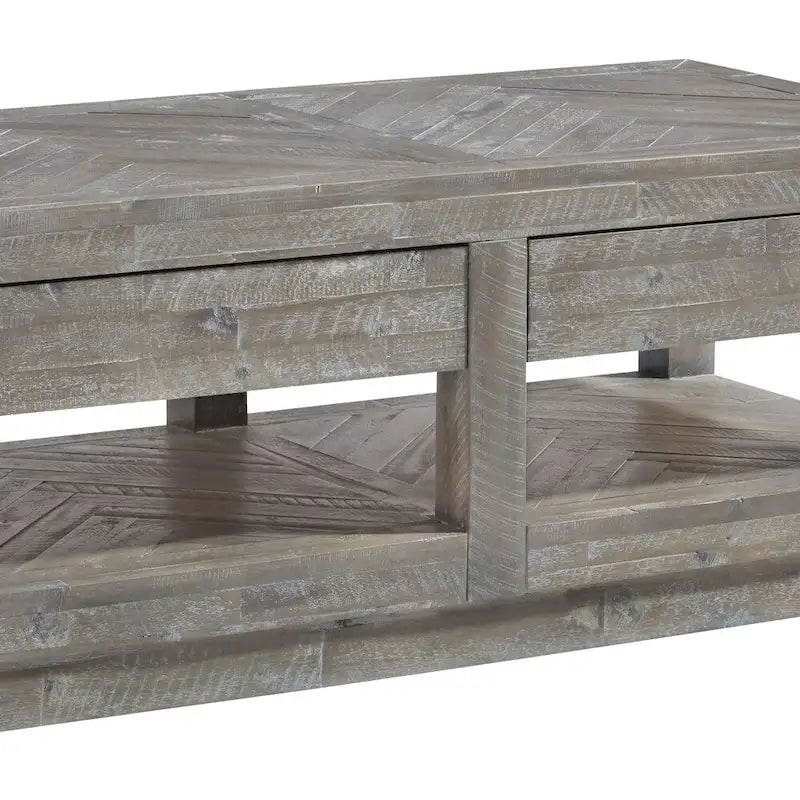 Mesa de centro con dos cajones y estante inferior con base aplanada, Gris Latte Rústico