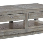 Mesa de centro con dos cajones y estante inferior con base aplanada, Gris Latte Rústico