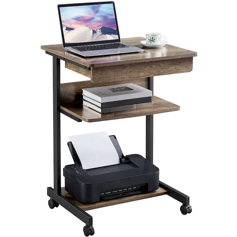 Mesa de escritorio rodante para ordenador con bandeja, cajón y estante